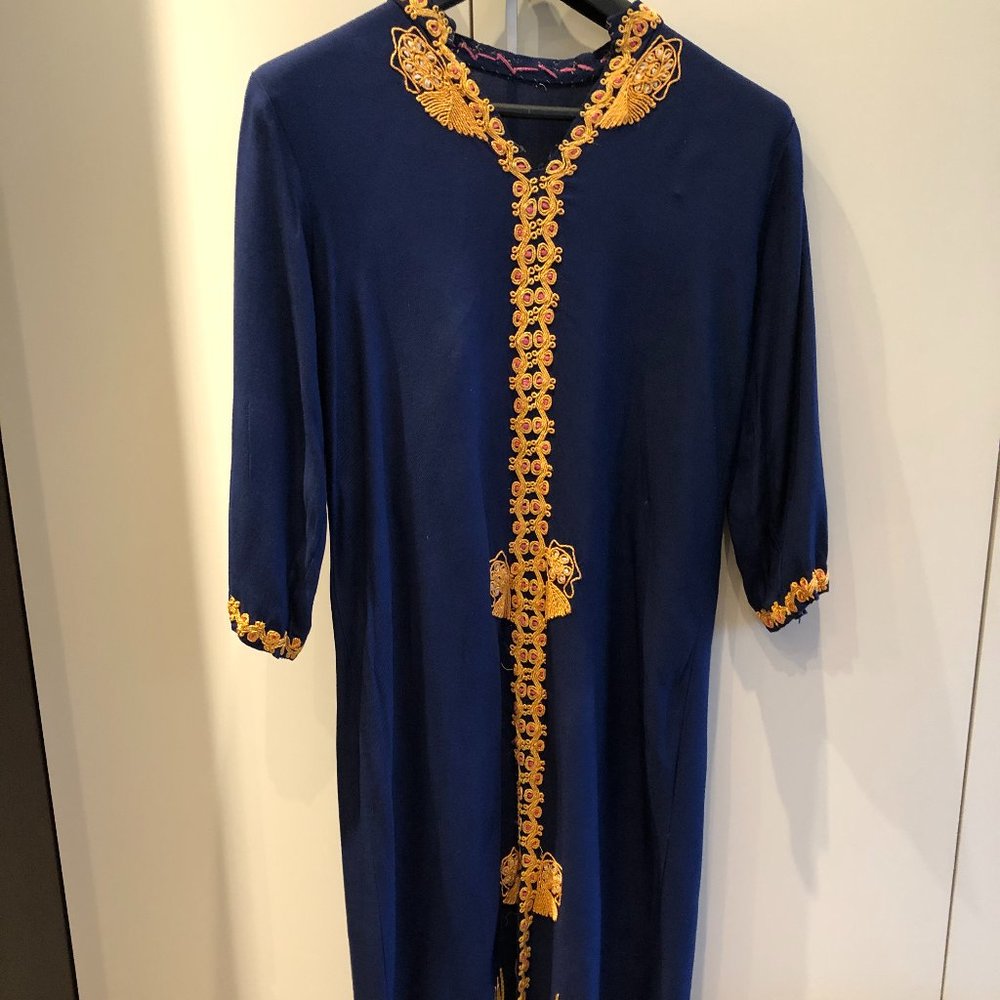 Arabic Middle East Hand Embroidered full length Dress Drk Blue Vintage-Size 8